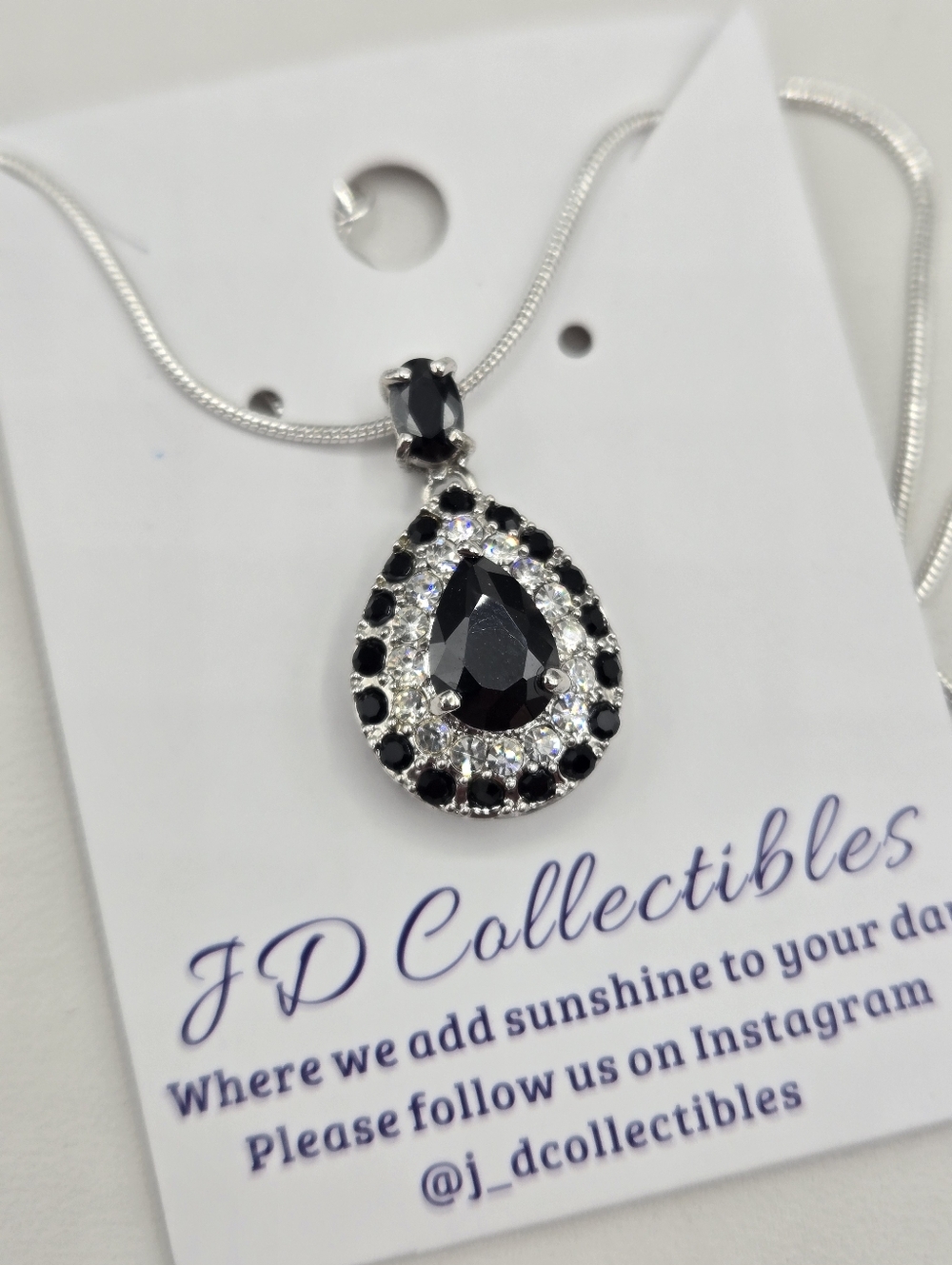 Swarovski Crystal Elements Silver Teardrop Necklace Black Clear 20 inch Prom